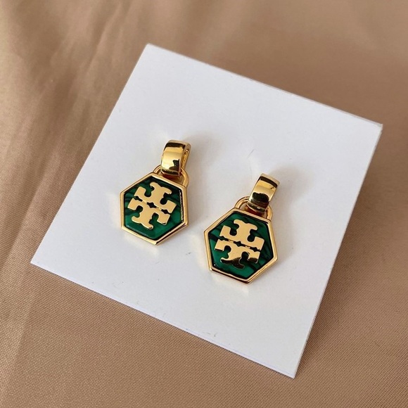 Tory Burch Green Hexagon Logo Drop Earrings - Picture 6 of 9